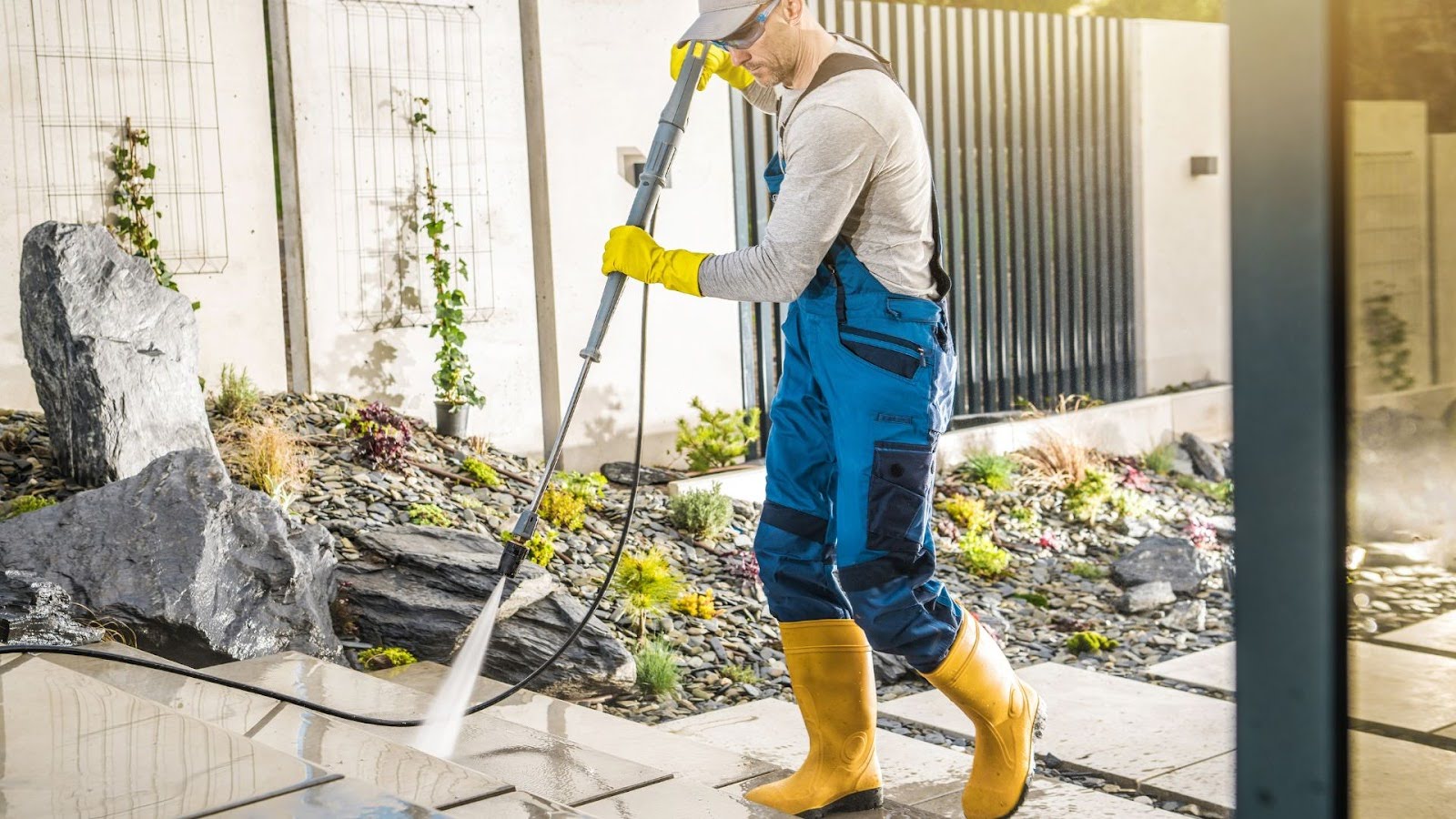 Skilled technician engaged in professional pressure cleaning, employing advanced techniques for superior property maintenance.