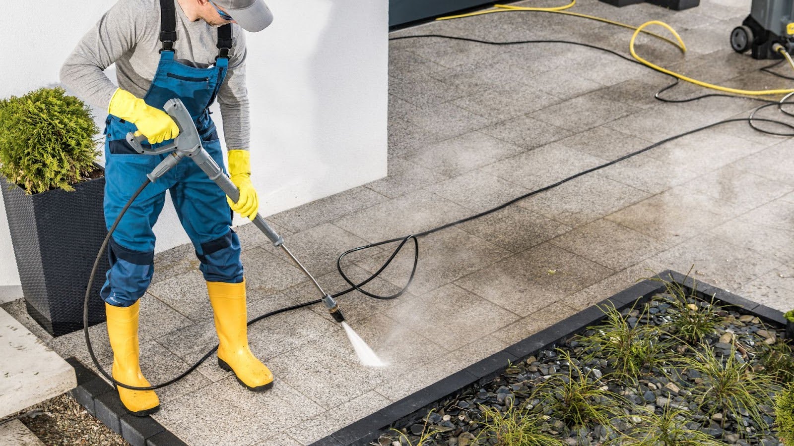 A meticulous cleaning service in action, with a technician using a high-pressure washer on outdoor tiles, highlighting the effectiveness of professional surface cleaning.